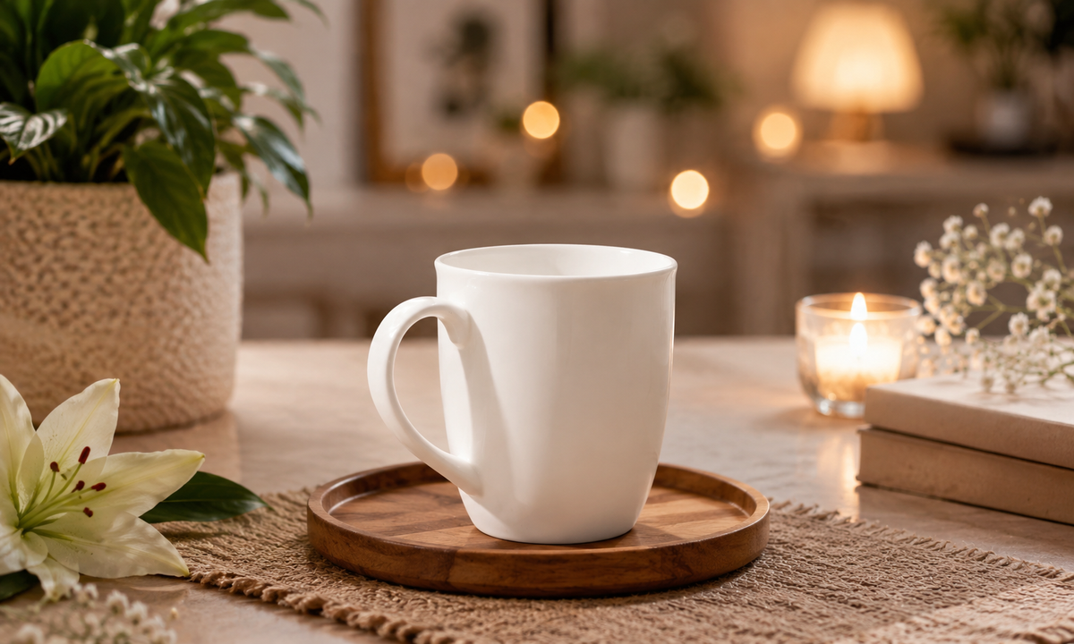 White ceramic mug on a wooden coaster, set on a textured table with soft warm lighting, candles, books, and decorative flowers creating a cozy, elegant indoor ambiance.