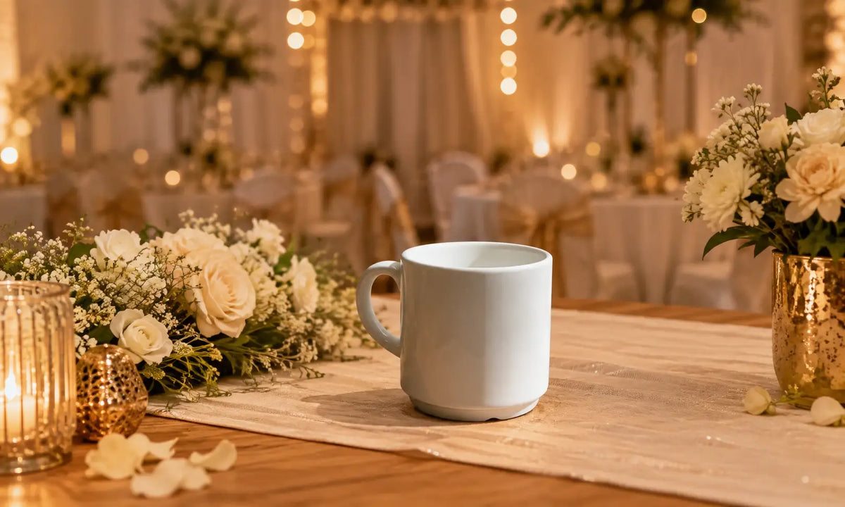 Elegant white ceramic mug placed on a wooden table with soft wedding-style decor, floral arrangements, and warm ambient lighting in the background.