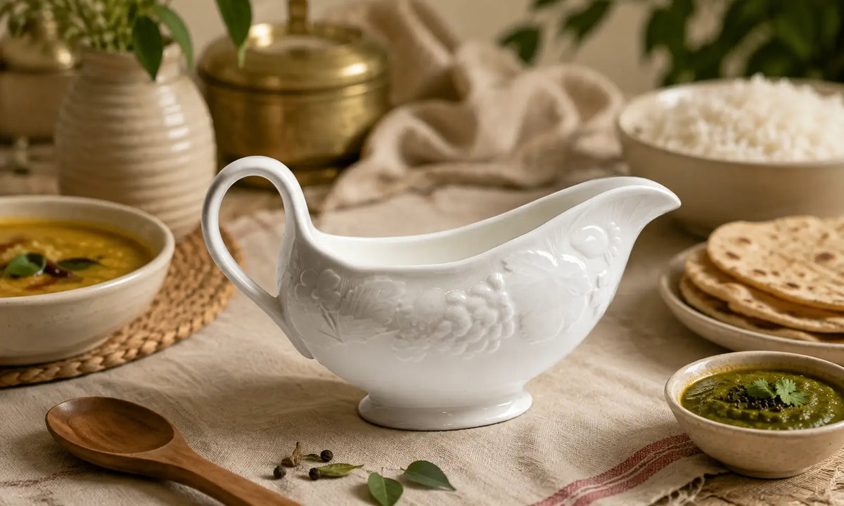 White ceramic sauce boat with embossed floral details on a rustic Indian dining table, surrounded by curry, chutney, rice, and flatbreads.